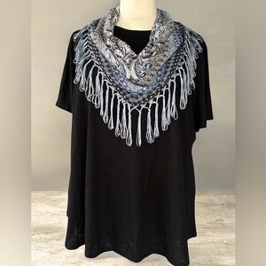 NWT!Avenue Black Tee with Blue & White Paisley Attached Scarf Size 30/32 or 4X